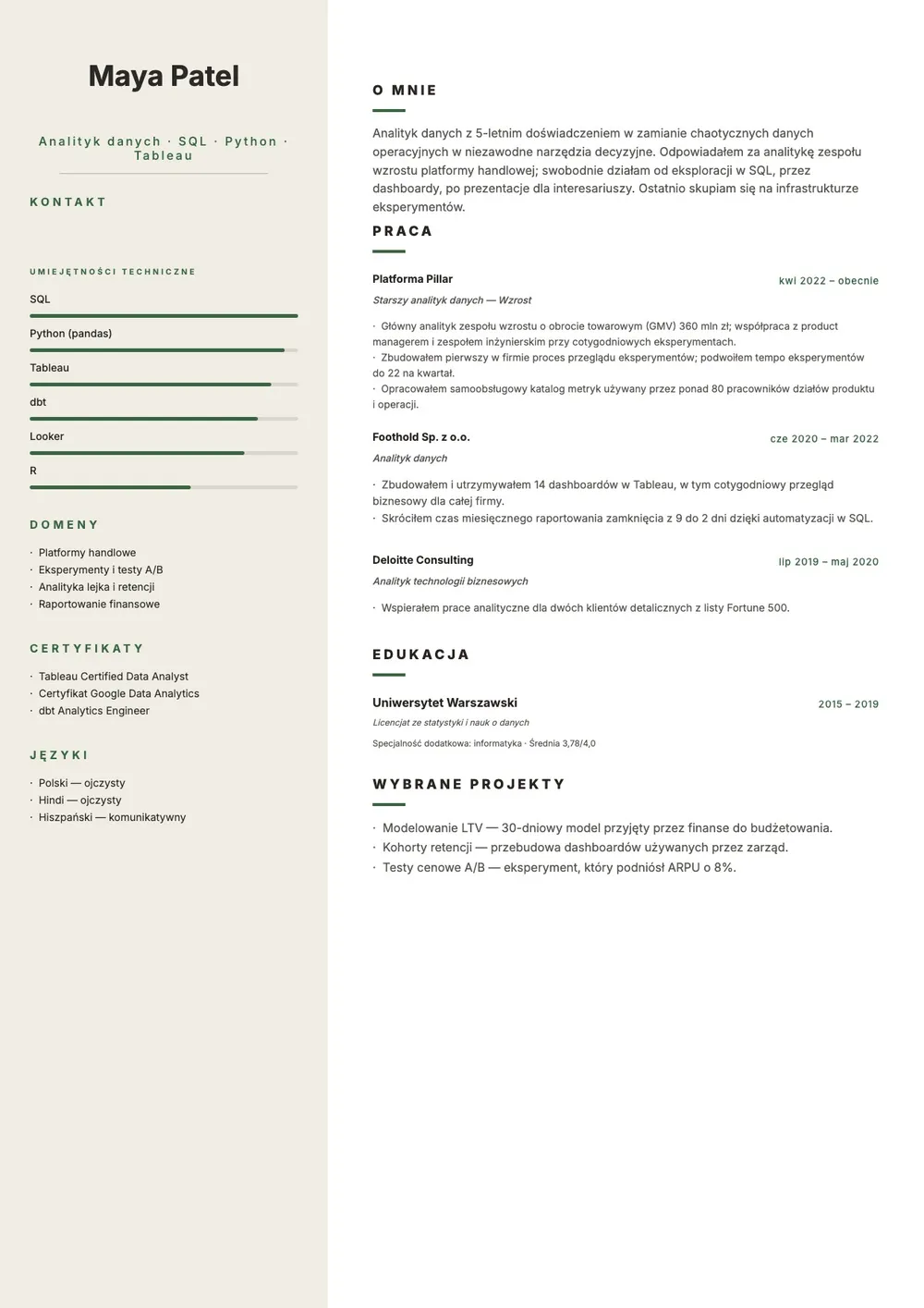 Szablon dwukolumnowego CV