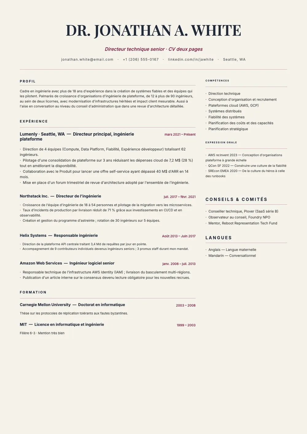 Modèle de CV sur deux pages