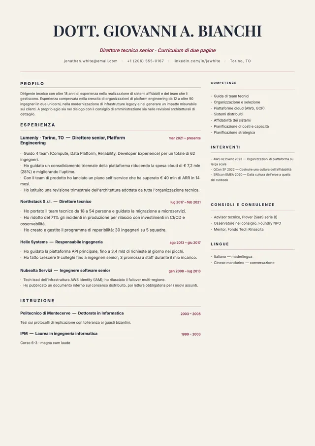 Modello di curriculum di due pagine
