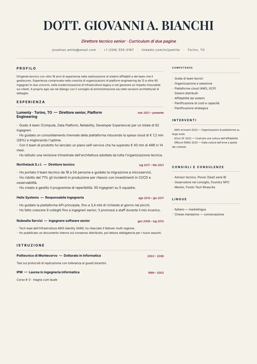 Modello di curriculum di due pagine