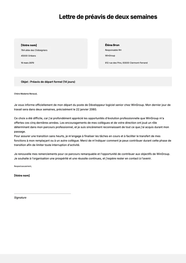 Modèle de lettre de préavis de deux semaines
