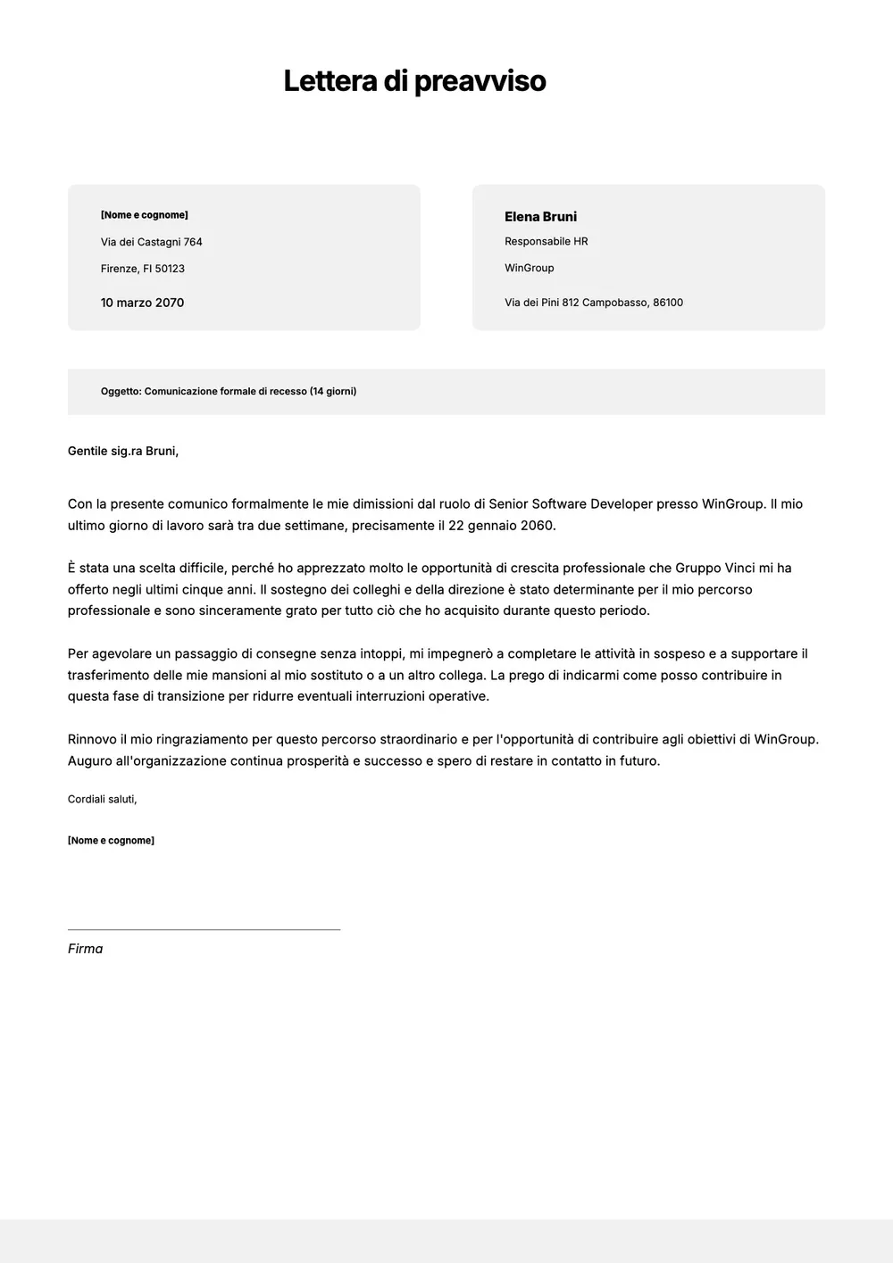 Modello di lettera di preavviso di due settimane