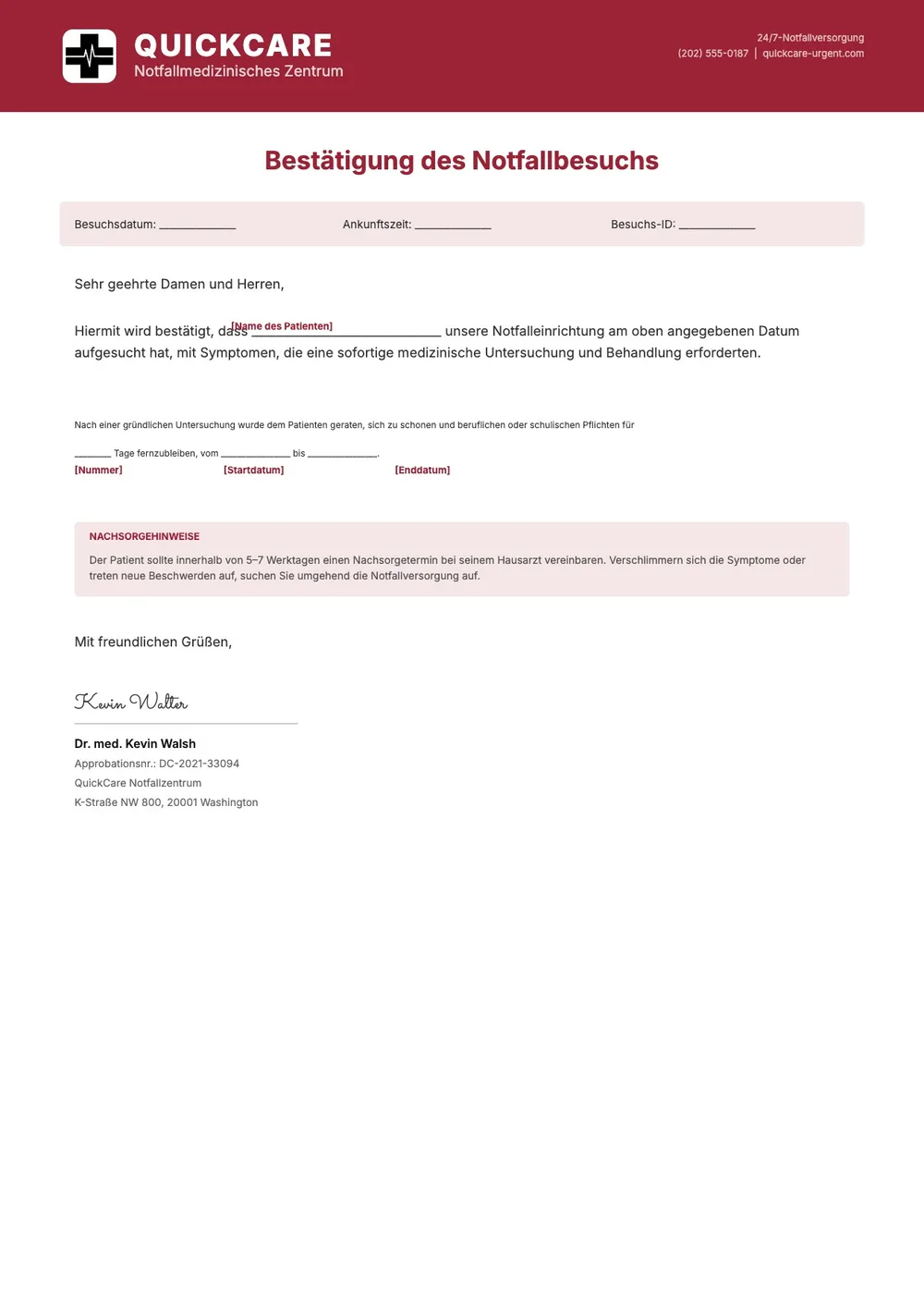 Vorlage für ein Attest der Notfallpraxis