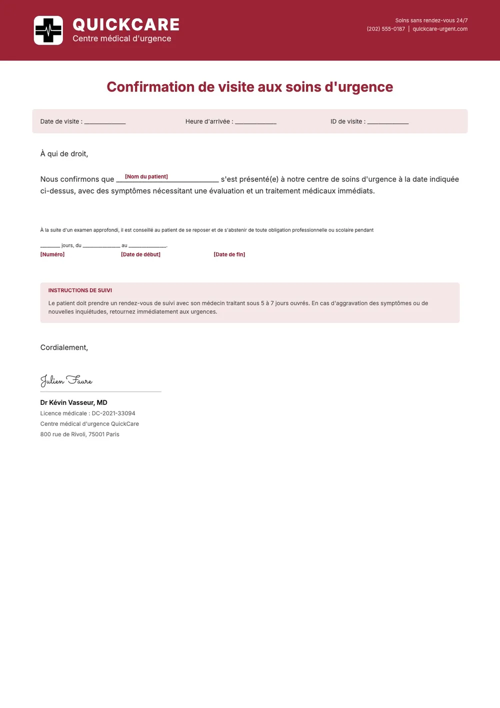 Modèle de certificat médical d'urgence