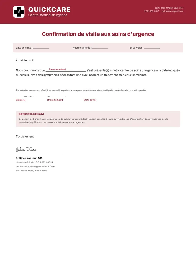 Modèle de certificat médical d'urgence