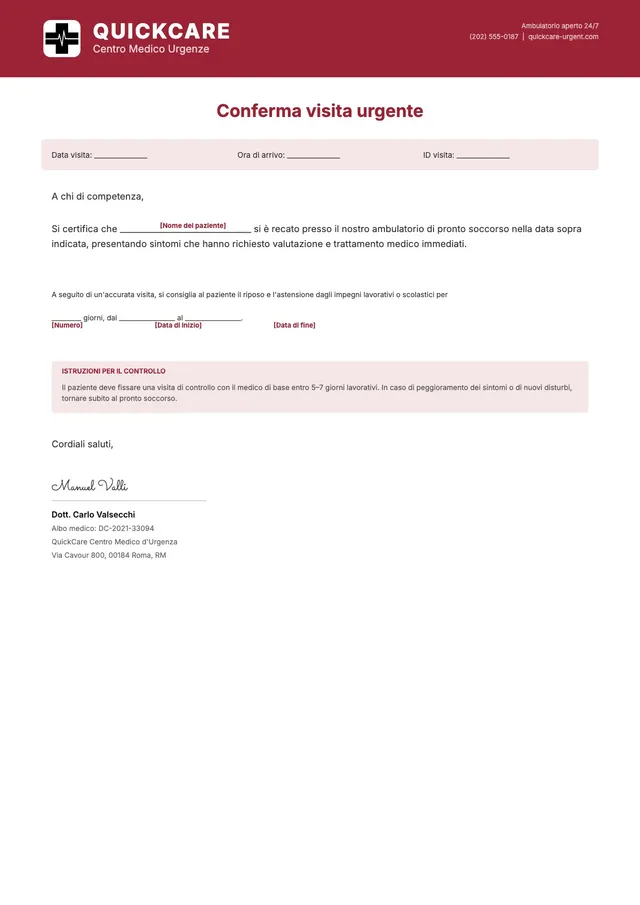 Modello di certificato medico d'urgenza