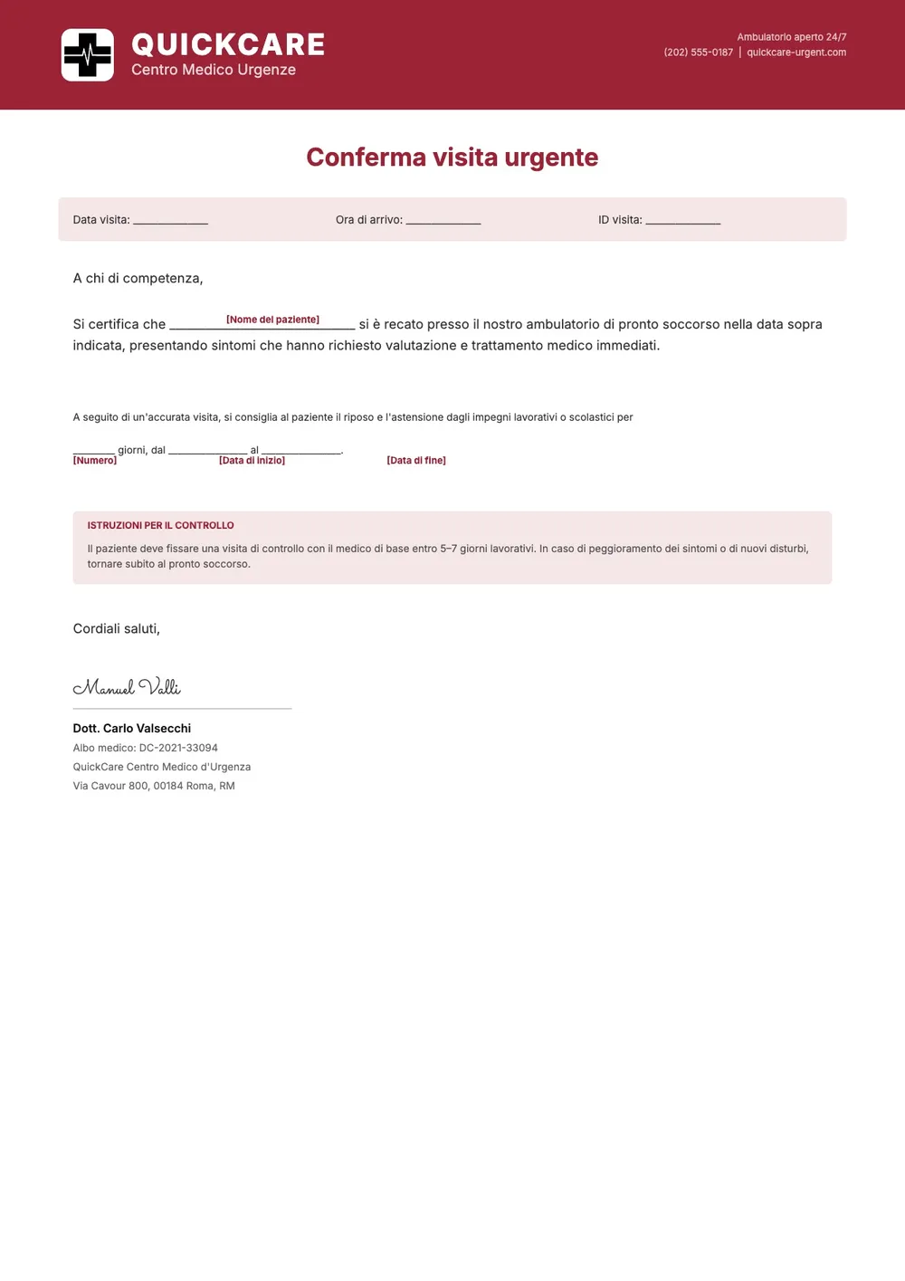 Modello di certificato medico d'urgenza