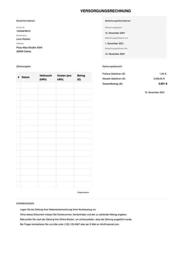 Vorlage für Versorgerrechnung
