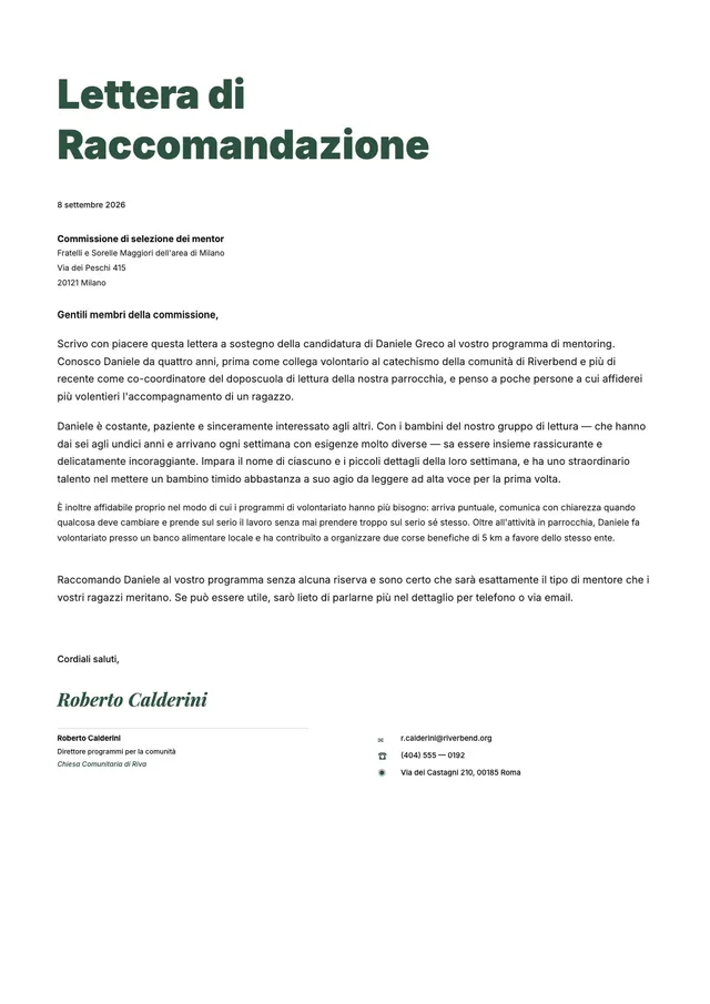 Lettera di raccomandazione per volontari