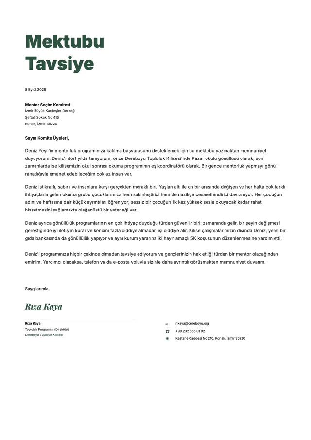 Gönüllü için referans mektubu