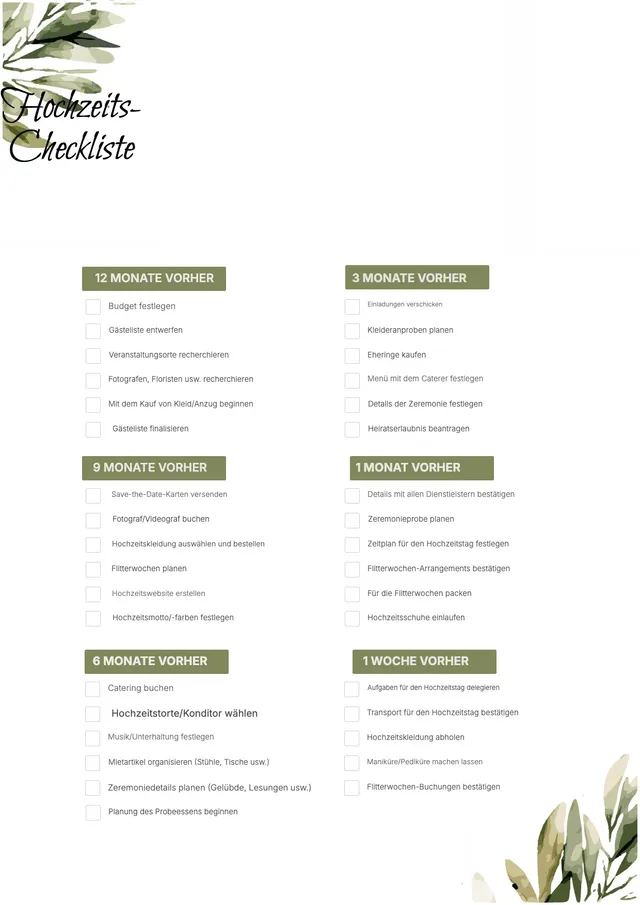 Vorlage für Hochzeitscheckliste