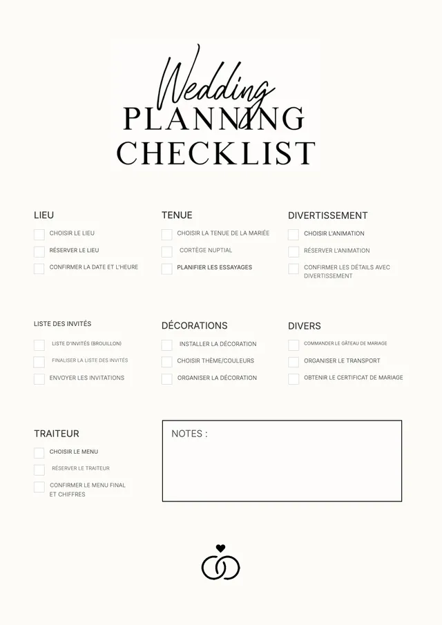 Check-list d'organisation de mariage