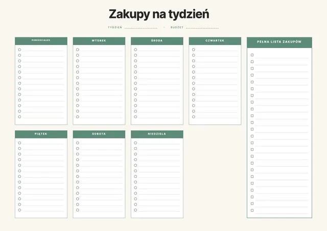 Tygodniowa lista zakupów spożywczych