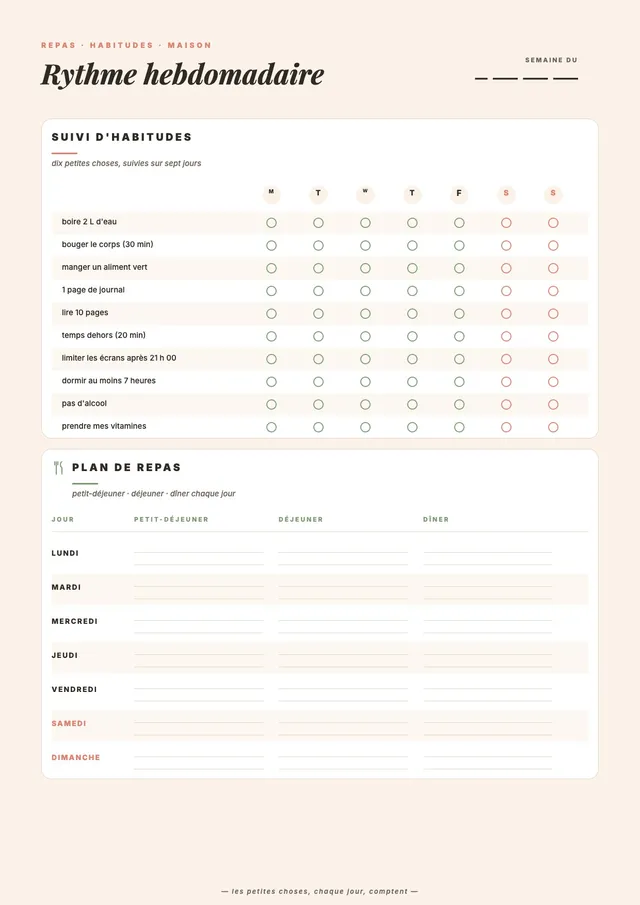 Liste de tâches hebdomadaire de suivi des habitudes