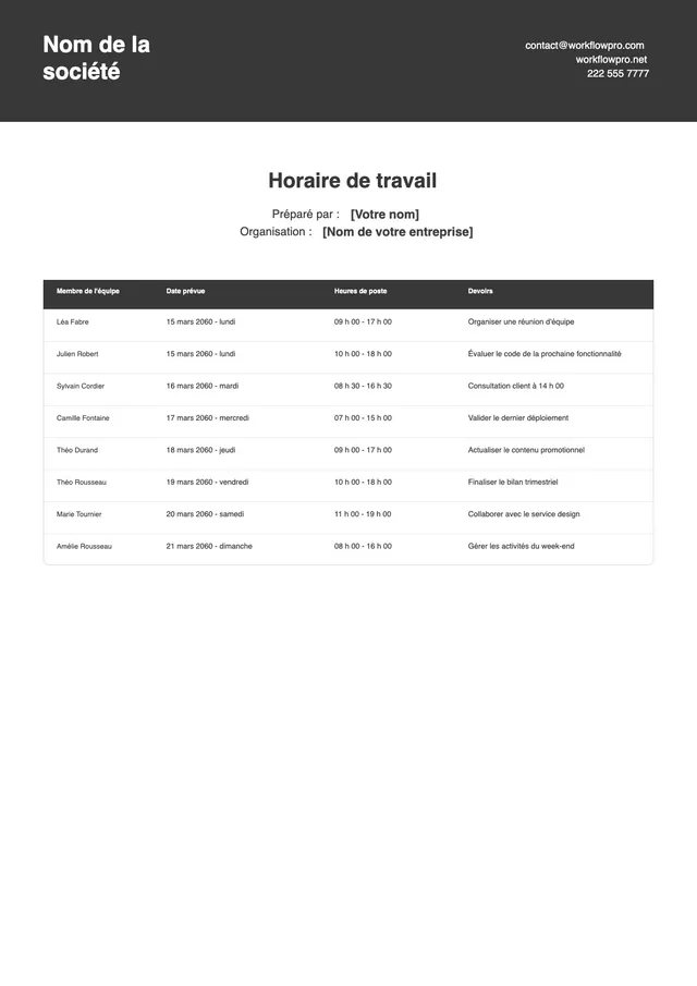 Modèle de planning de travail