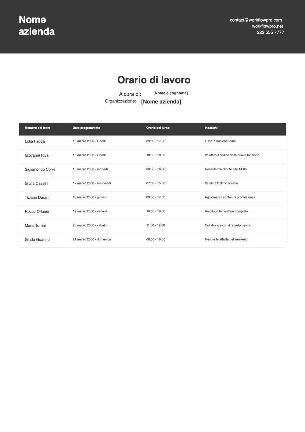 Modello di orario di lavoro