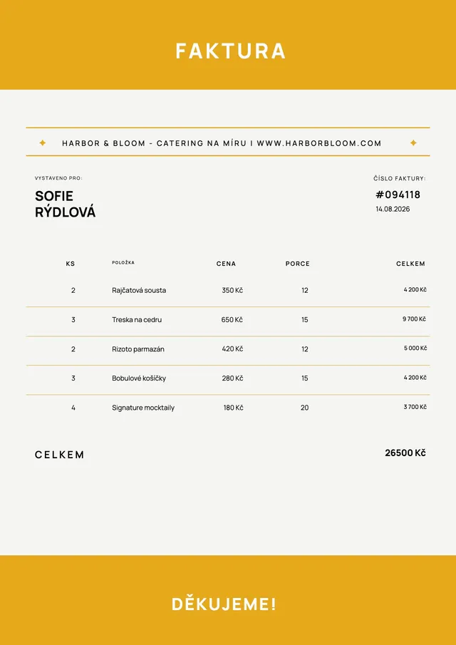 Vzor faktury za catering se žlutým pruhem