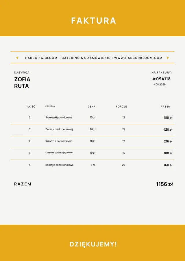 Faktura cateringowa z żółtym banerem