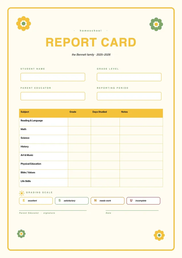 yellow-homeschool-report-card form