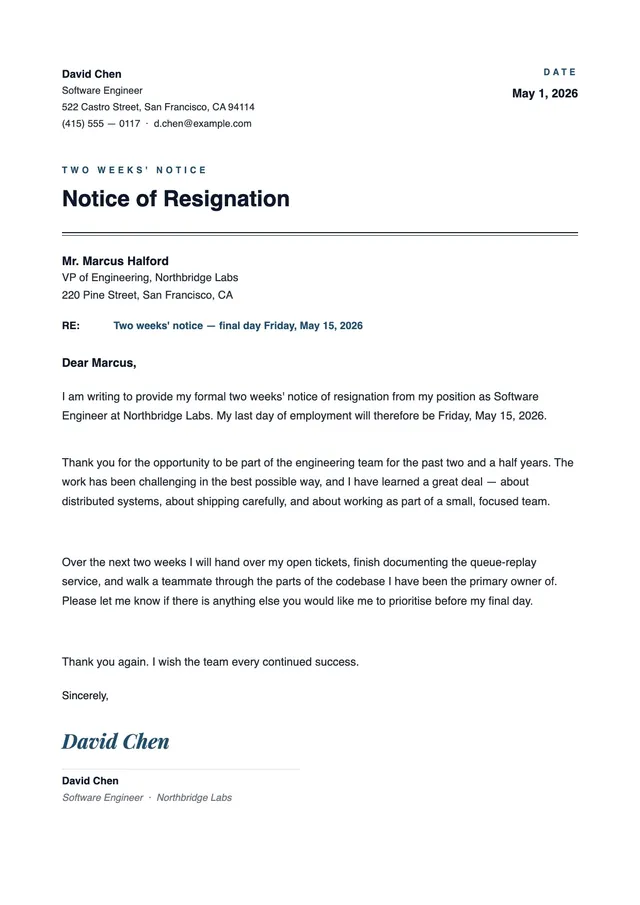 2 Week Resignation Letter