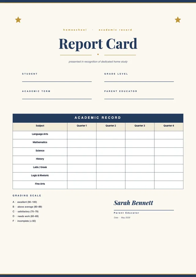 Academic Homeschool Report Card