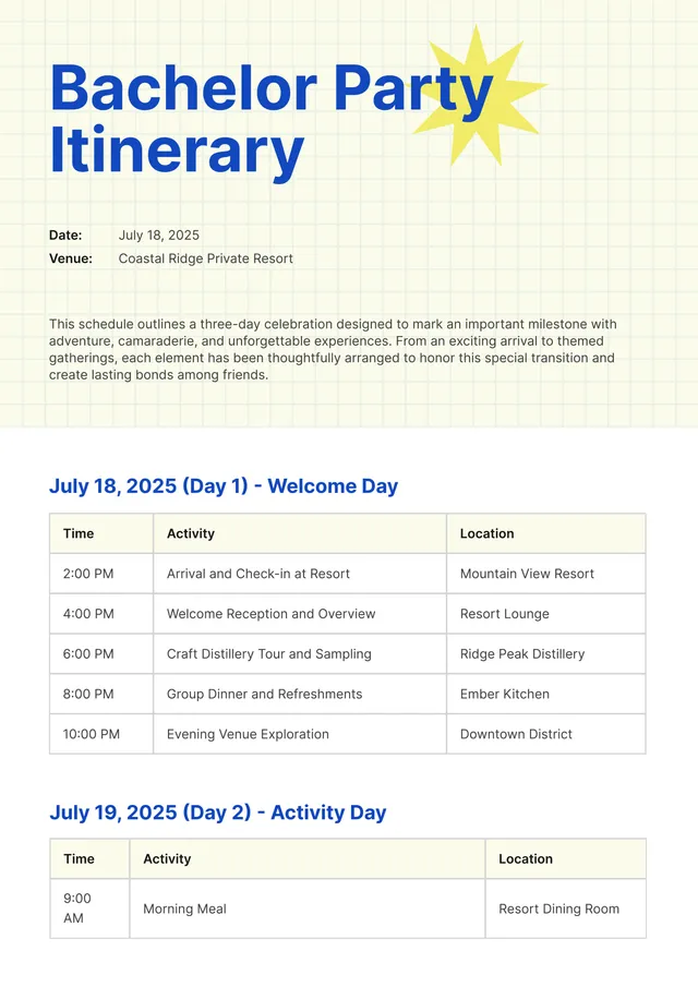 Bachelor Party Itinerary Template