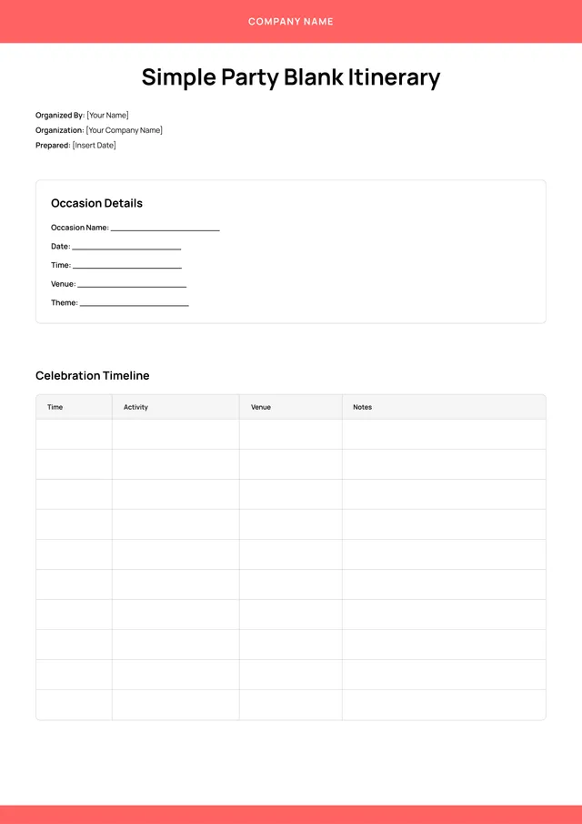 Birthday Itinerary Template