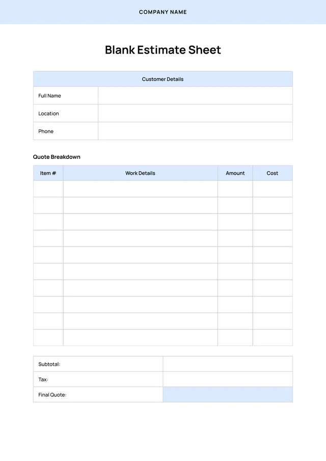 Blank Estimate Template