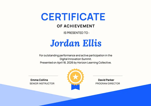 Blue Corner Certificate of Achievement