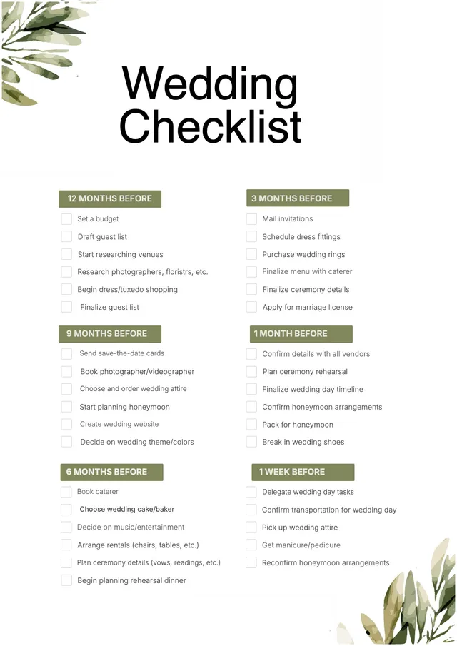 Botanical Wedding Checklist