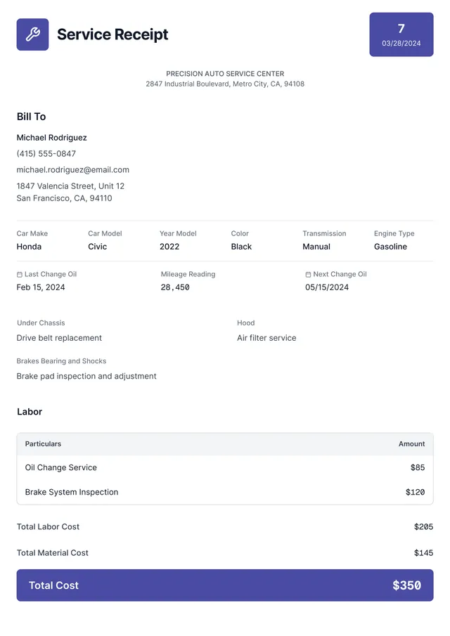 Car Service Receipt Template