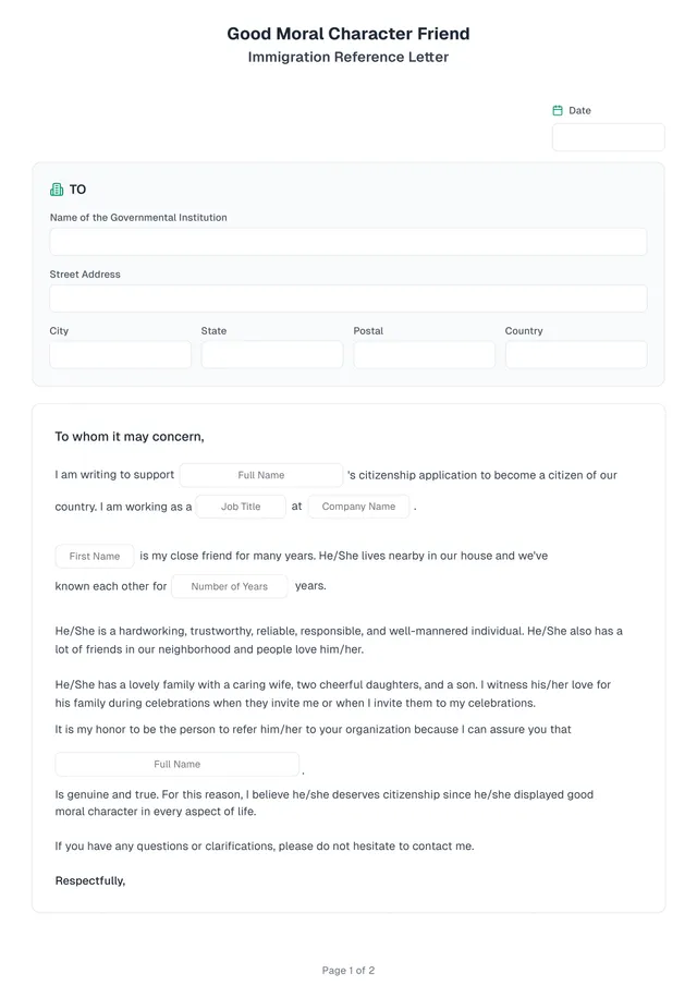 Character Reference Letter for Immigration