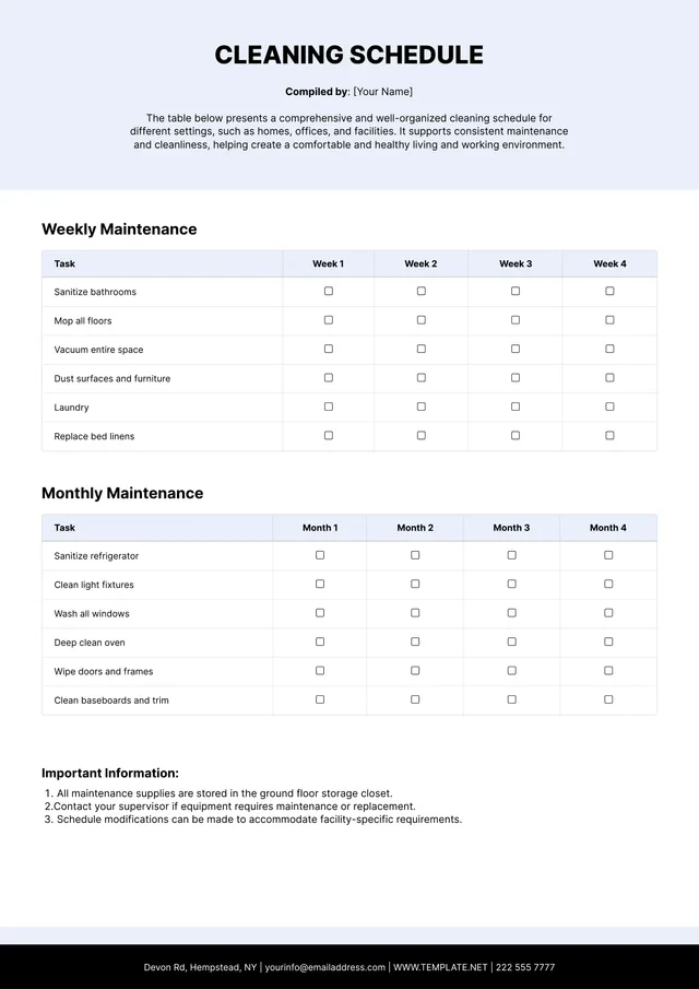 Cleaning Schedule Template