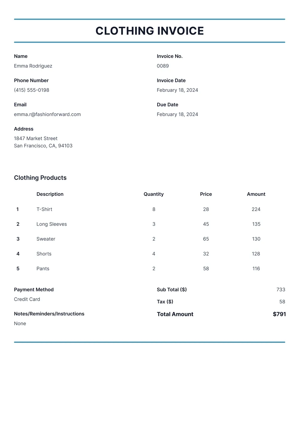 clothing-invoice form