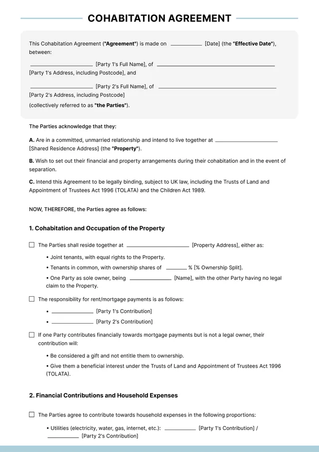 Cohabitation Agreement Template