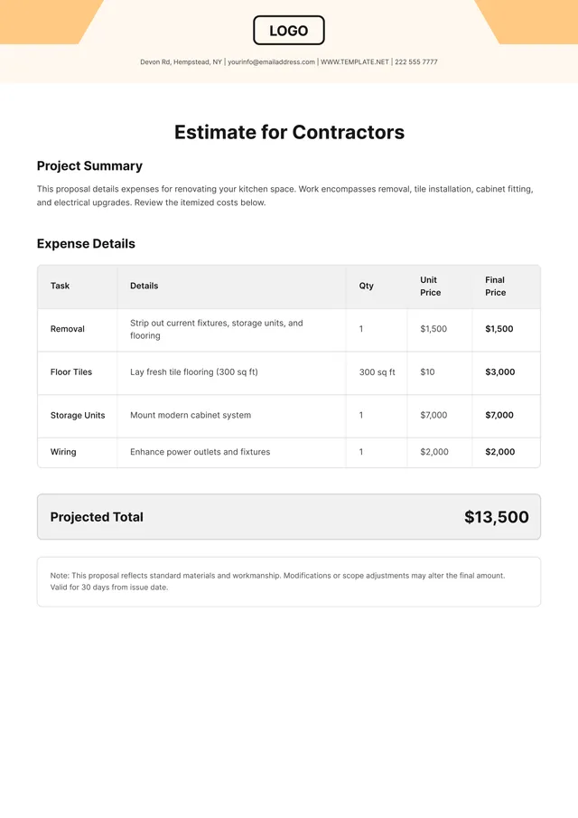 Contractor Estimate Template