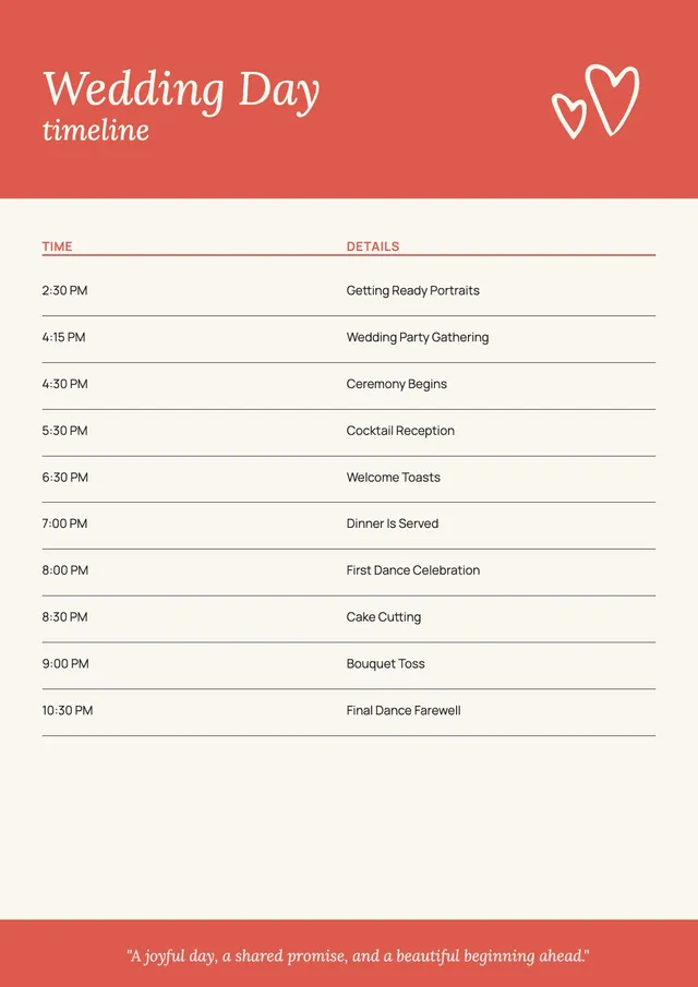 Coral Wedding Day Itinerary