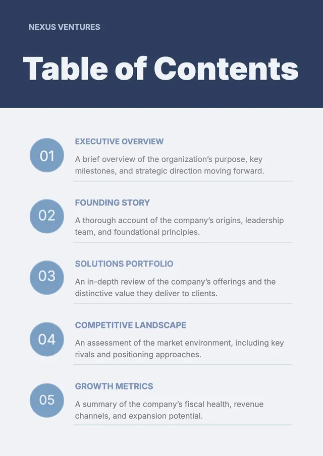 Corporate Pitch Table of Contents