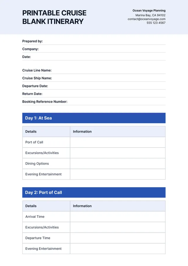 Cruise Itinerary Template