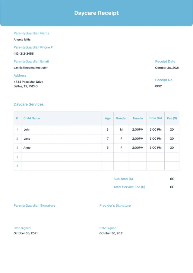 Daycare Receipt Template
