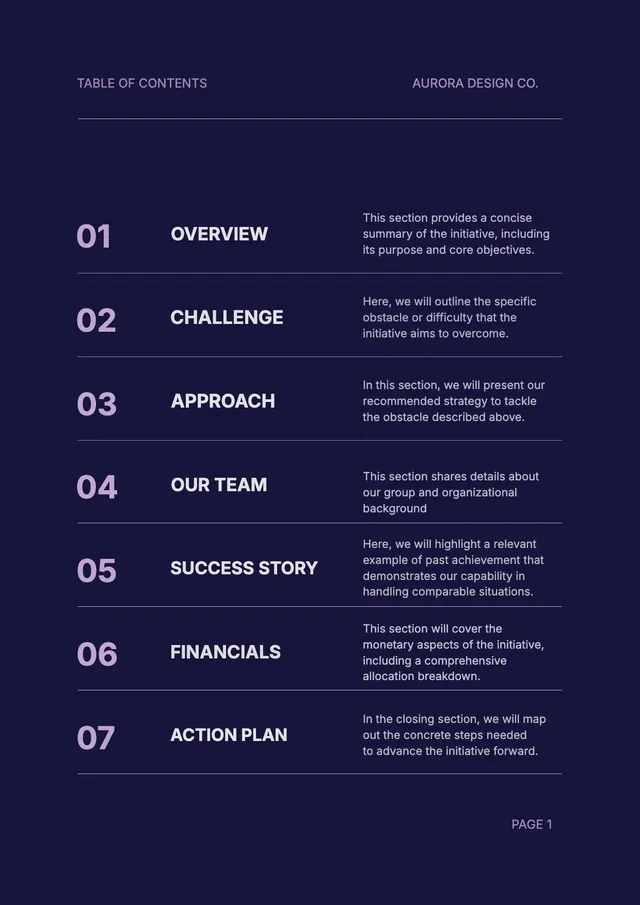 Design Proposal Table of Contents