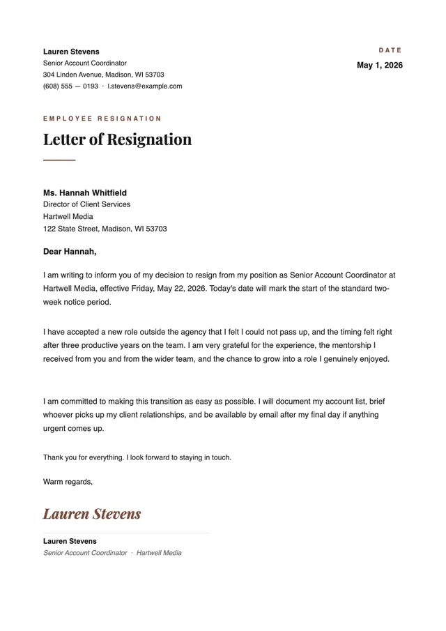 Employee Resignation Letter