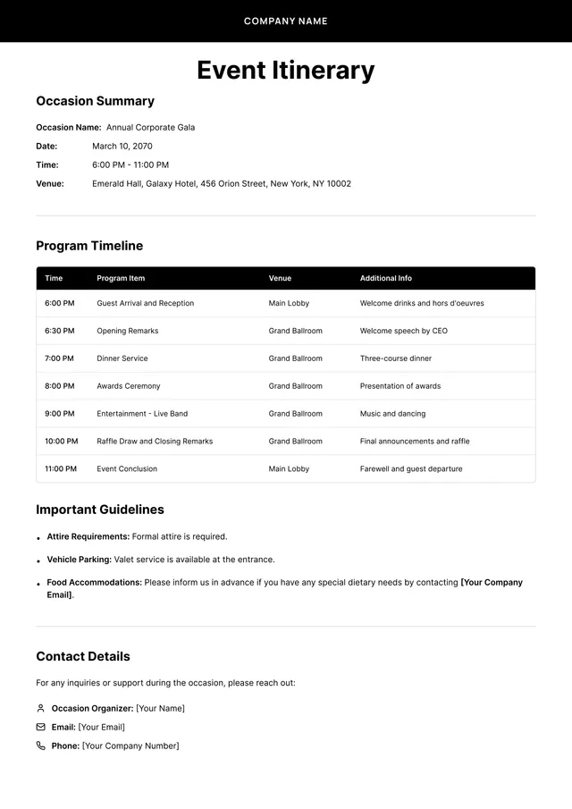 Event Itinerary Template