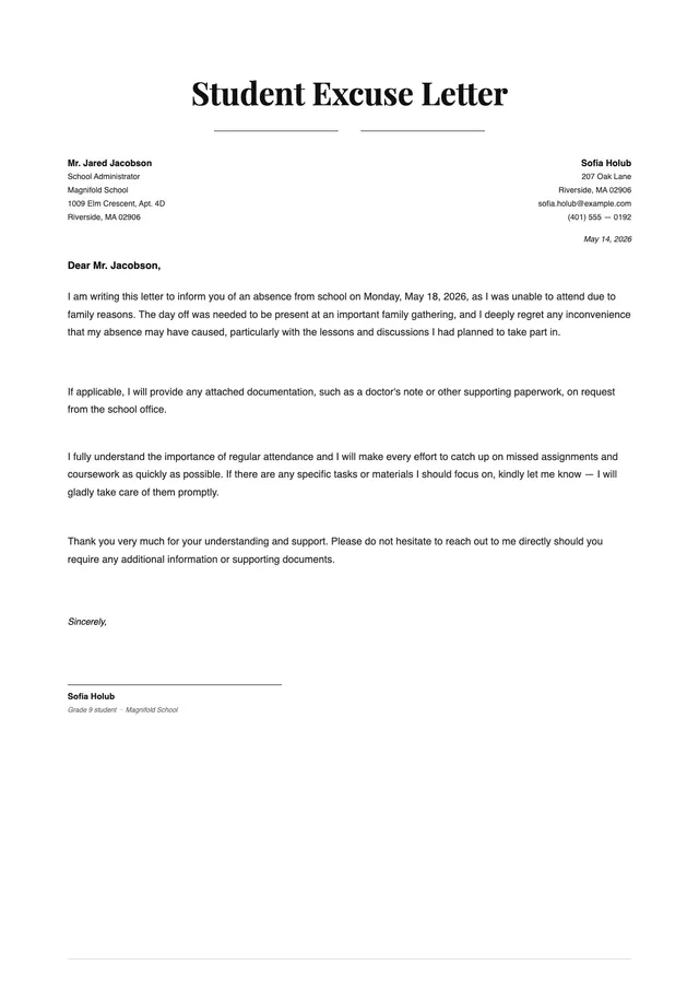 Excuse Letter for School Absent