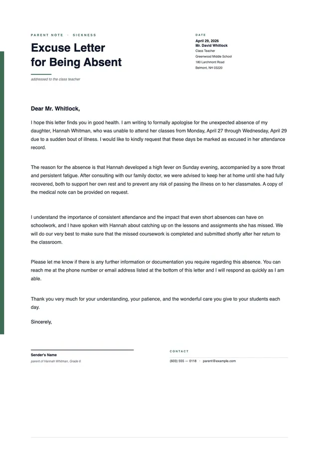Excuse Letter for School due to Sickness