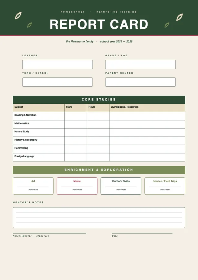 Forest Homeschool Report Card