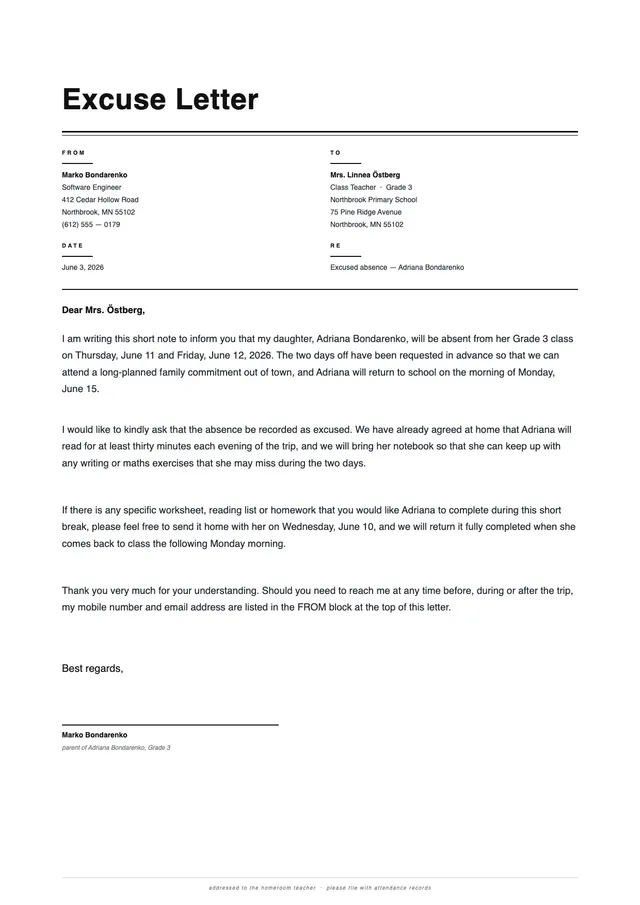 Formal School Excuse Letter
