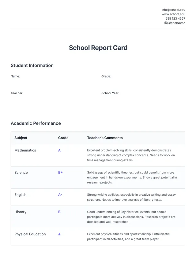 High School Report Card Template