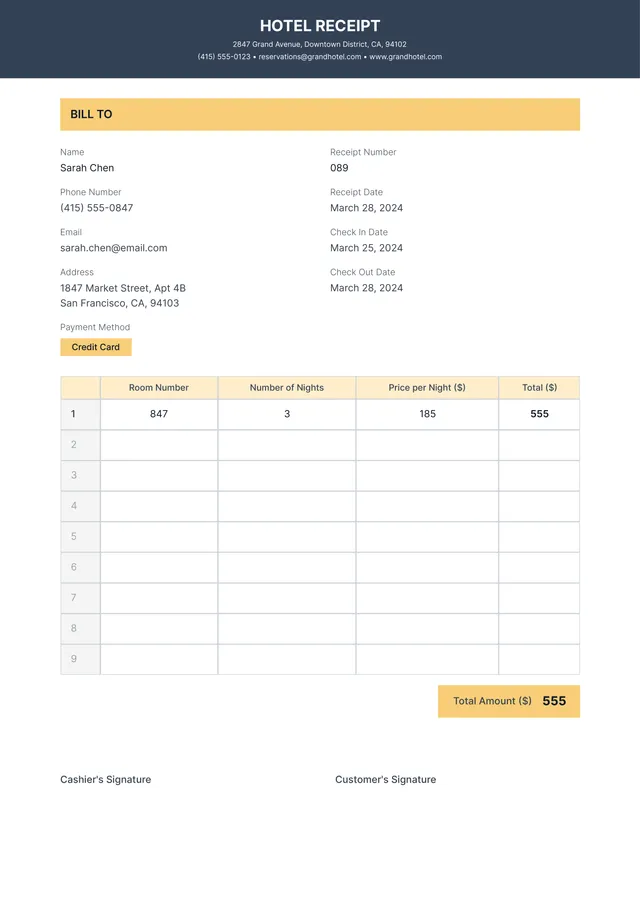 Hotel Receipt Template