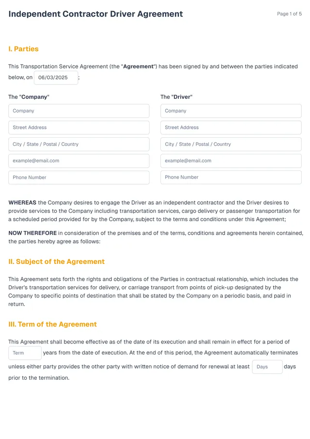 Independent Contractor Driver Agreement